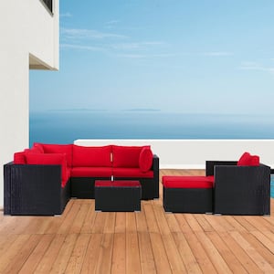 8-Piece Black Wicker Rattan Outdoor conversation Sectional Set with Red Cushions ands Glass Table