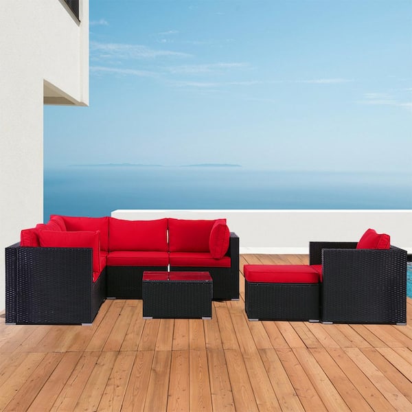 Unbranded 8-Piece Black Wicker Rattan Outdoor conversation Sectional Set with Red Cushions ands Glass Table
