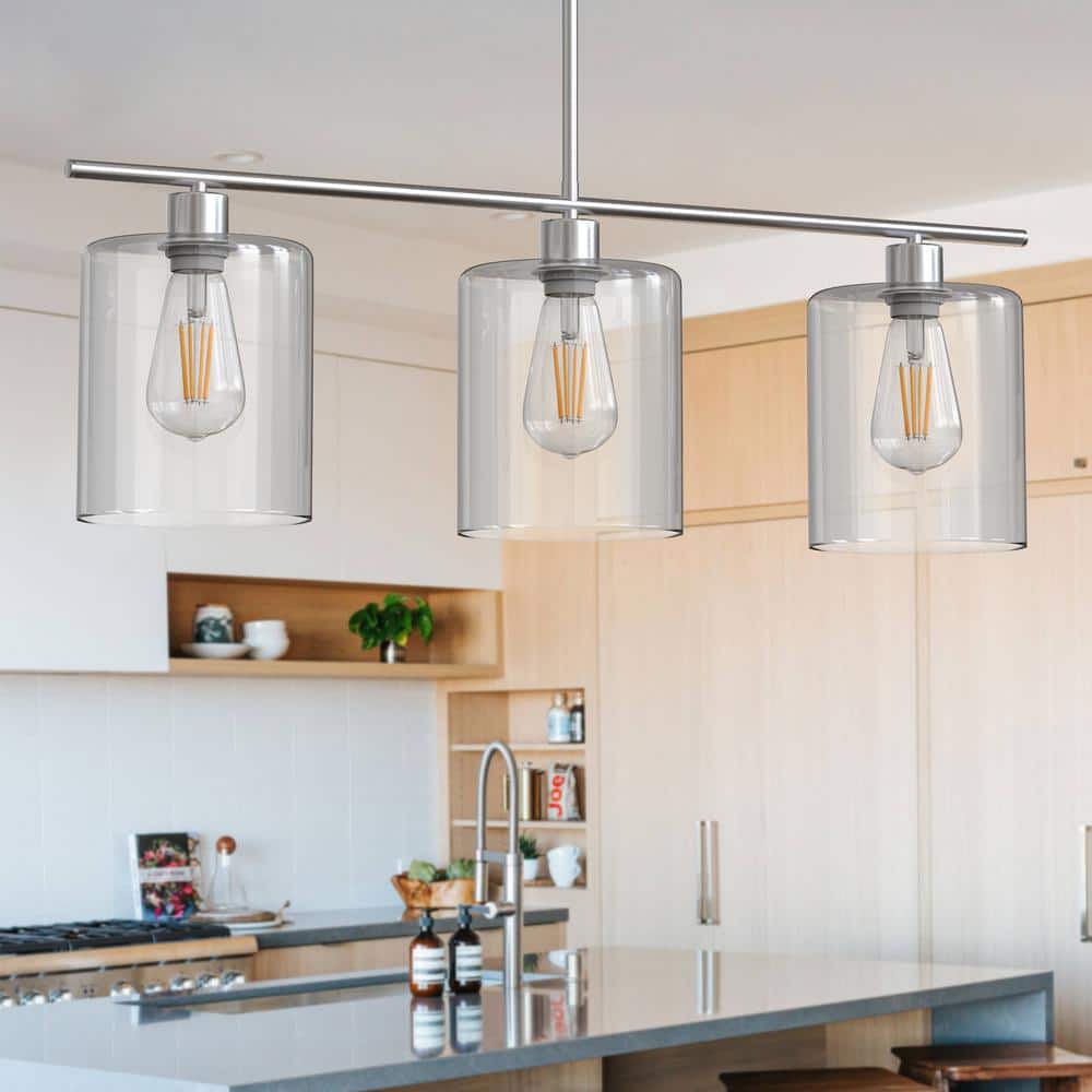 Brushed Nickel 3-Light Linear Island Pendant with Clear Glass Shades