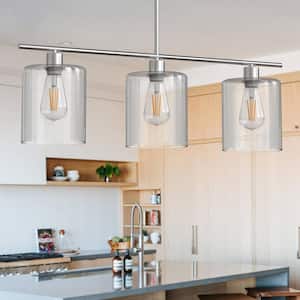 3-Light Brushed Nickel Modern Island Pendant Light Fixtures, Linear Chandelier Hanging Light with Clear Glass Shade