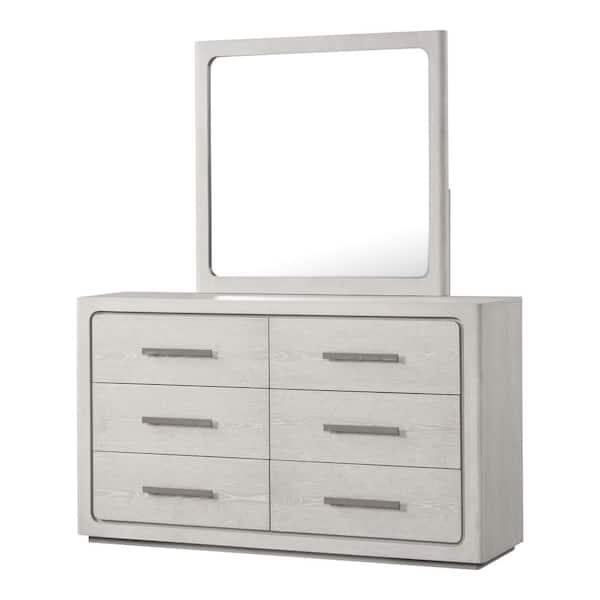 Rally White Oak 6-Drawer 62 in. Dresser with Mirror with Felt-Lined Top Drawer, Jewelry Tray and Rounded Edges