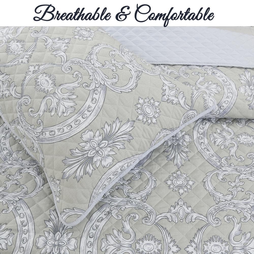 Gray and White Reversible Microfiber Queen Quilt Set