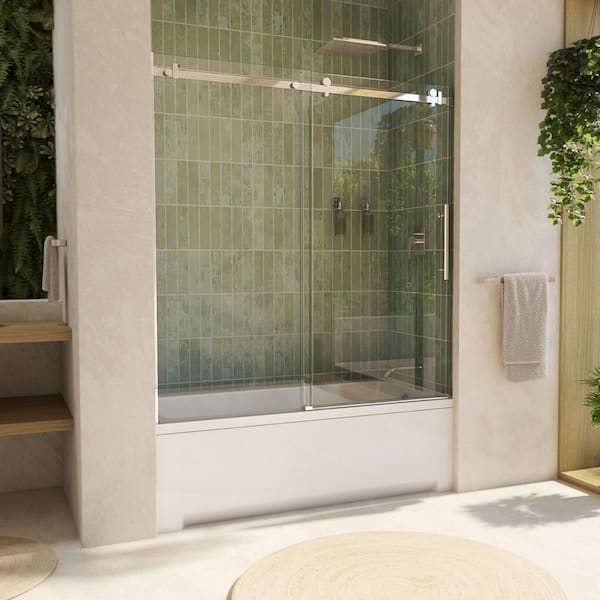 DreamLine Seneca 60in. W x 62in. H Frameless Sliding Tub Door in Polished Stainless Steel with Clear Glass