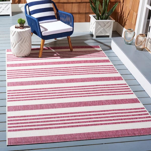 Courtyard Ivory/Red 2 ft. x 4 ft. Geometric Striped Indoor/Outdoor Area Rug