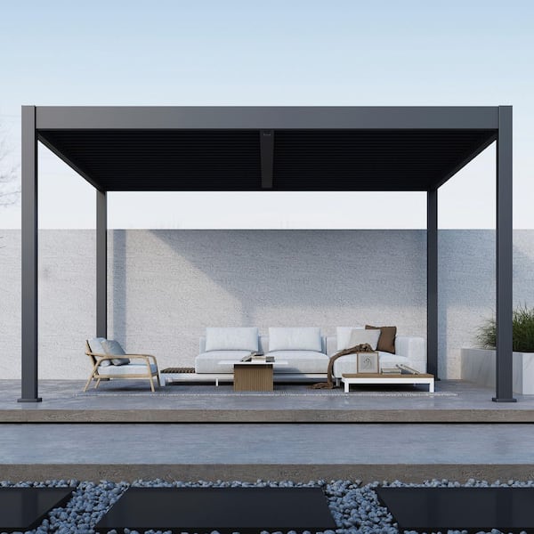 Grand Tuscan 12 ft. x 14 ft. Slate Gray Aluminum Louvered Pergola