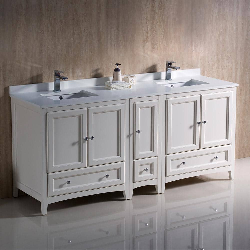 Oxford 72" Antique White Quartz Double Sink Freestanding Vanity