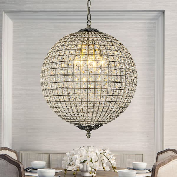 5-Lights 20 in. W Vintage Crystal Chandelier with Sphere Globle Shade Antique Gold Retro Pendant Light for Dining Room