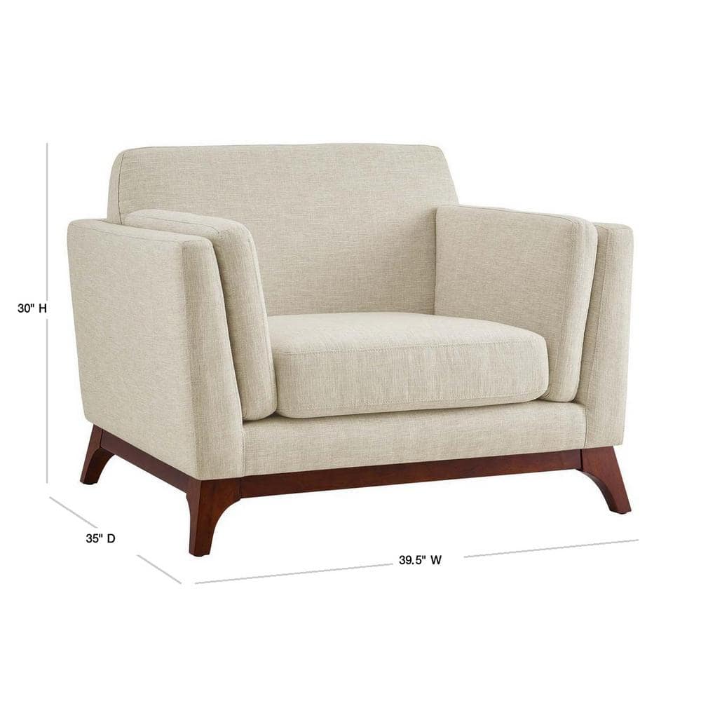 Mid-Century Modern Beige Upholstered Wood Accent Chair