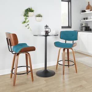Lombardi 26.75 in. Teal Noise Fabric, Walnut Wood and Black Metal Fixed-Height Counter Stool Round Footrest (Set of 2)