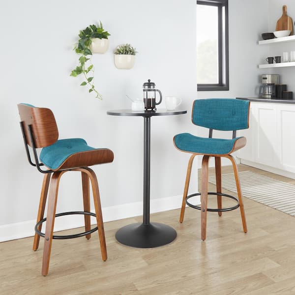 Lumisource Lombardi 26.75 in. Teal Noise Fabric, Walnut Wood and Black Metal Fixed-Height Counter Stool Round Footrest (Set of 2)