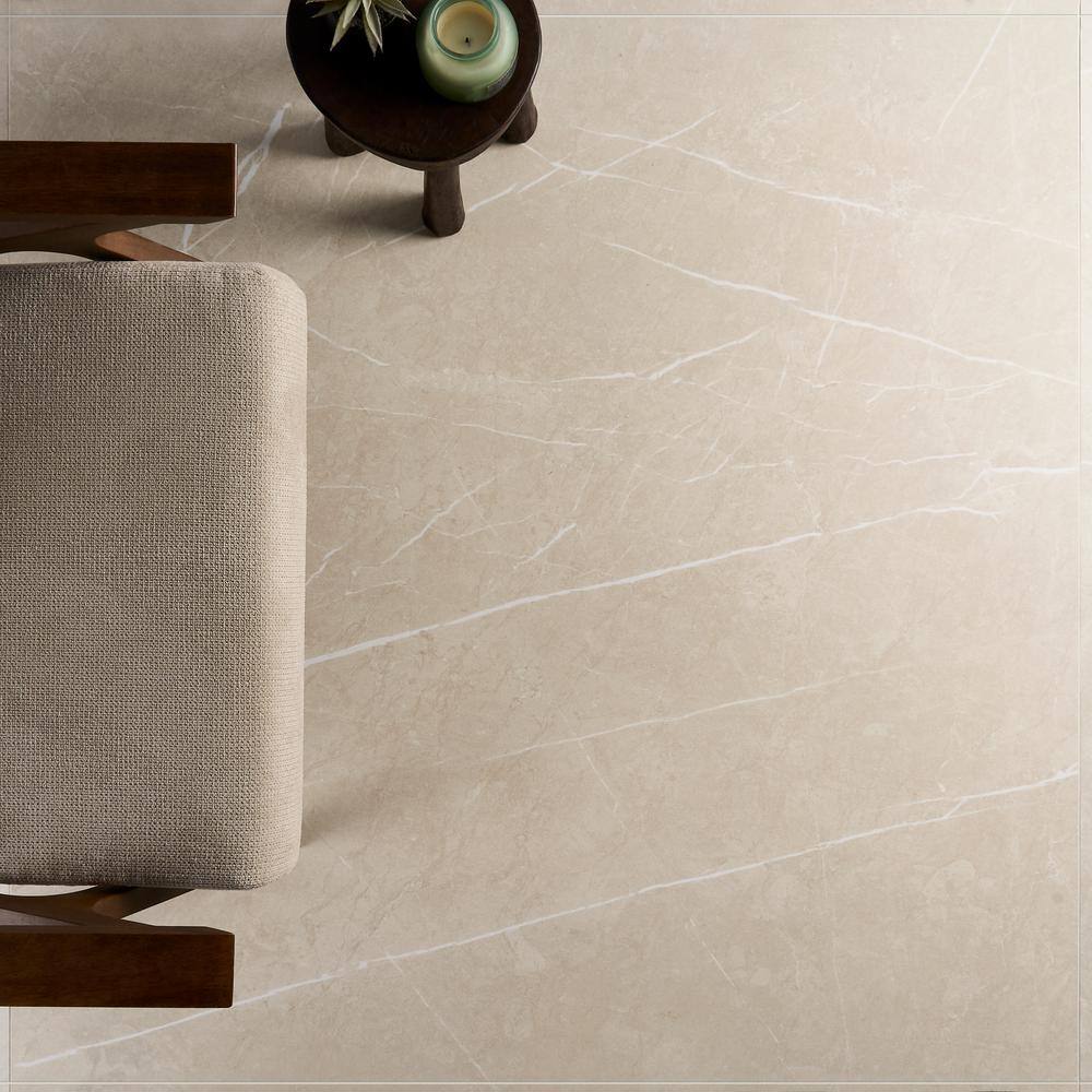 Cream Marble Look Satin Porcelain Large Format Tile
