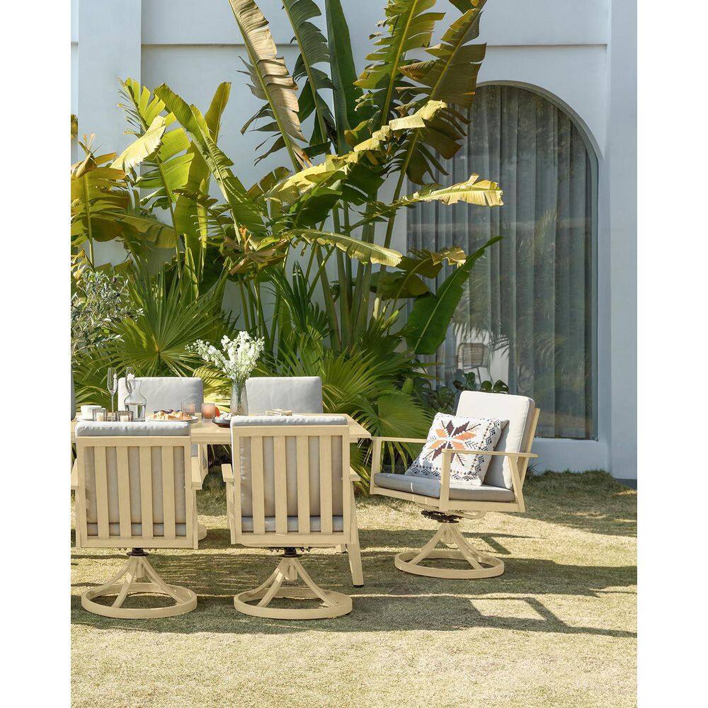 Maple Wood 7-Piece Aluminum Patio Furniture Set Outdoor Dining Set 6 Swivel Chairs with White Cushion and Umbrella Hole price history on PriceWatchPro