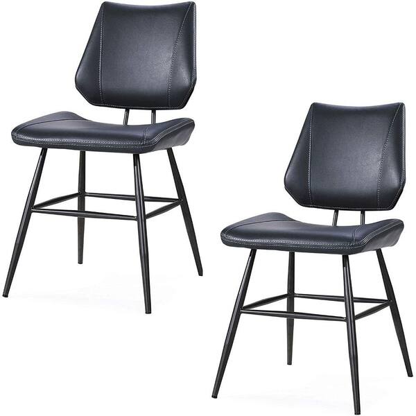 Benjara Black Leather Upholstered Metal Chair with Stitch Details (Set of 2)