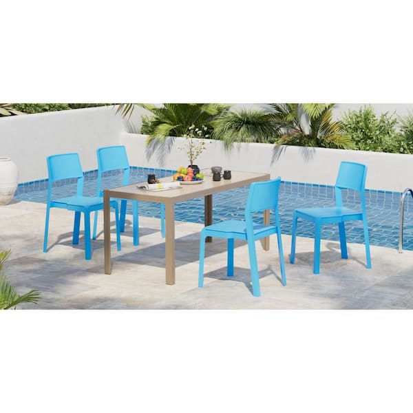 Stackable Dining Chairs Set of 4, Plastic Blue Indoor Outdoor Patio Chairs with Wide Seat & Curved Back, No Assembly