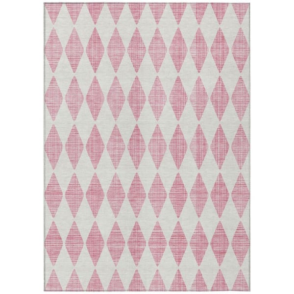 Pink, Ivory 9 ft. x 12 ft. Woven Geometric Polyester Rectangle Indoor / Outdoor Area Rug