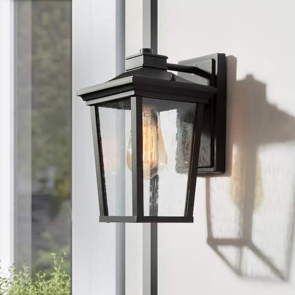 LNC Transitional 1-Light 11 in. Black Wall Lantern Sconce with Seeded Glass Shade Modern Outdoor Wall Light LED Compatible