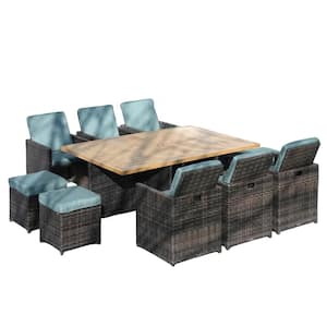 Viewpoint Brown 11-Piece Wicker Rectangular Outdoor Dining Set with Light Green Cushion, Aluminum Table Top