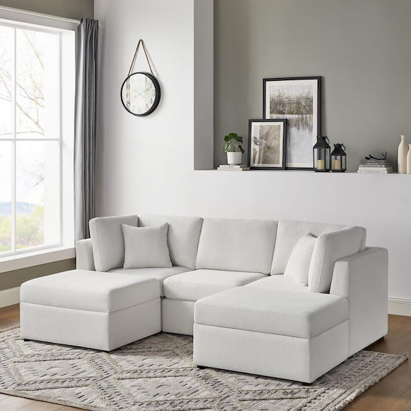 Chandler 93 in. Square Arm 5-piece Polyester Fabric Rectangle XL Sectional Chofa in Ivory