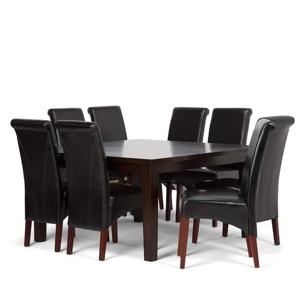 Simpli Home Avalon 9-Piece Dining Set with 6 Upholstered Dining Chairs in Midnight Black Faux Leather and 54 in. Wide Table