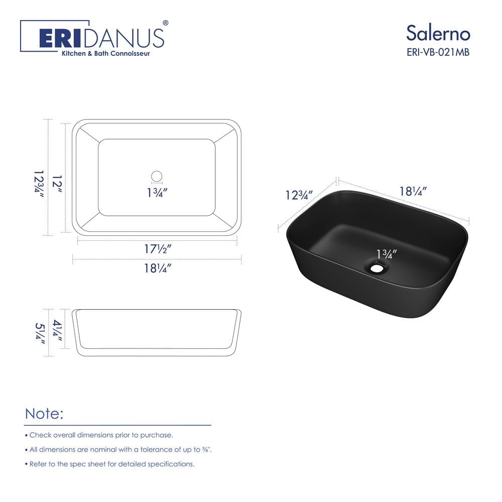 Salerno Matte Black Ceramic Rectangular Vessel Sink