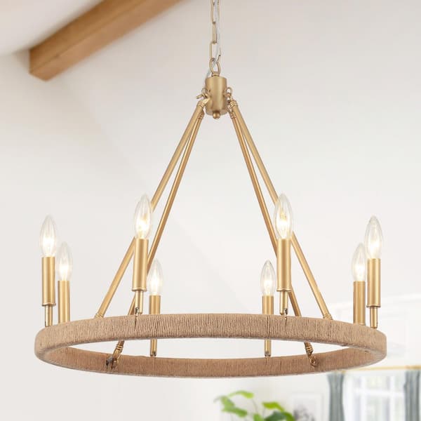 8-Light Gold Hemp Rope Candlestick Wagon Wheel Chandelier Hanging Linear Chandelier Lighting for Kitchen Island