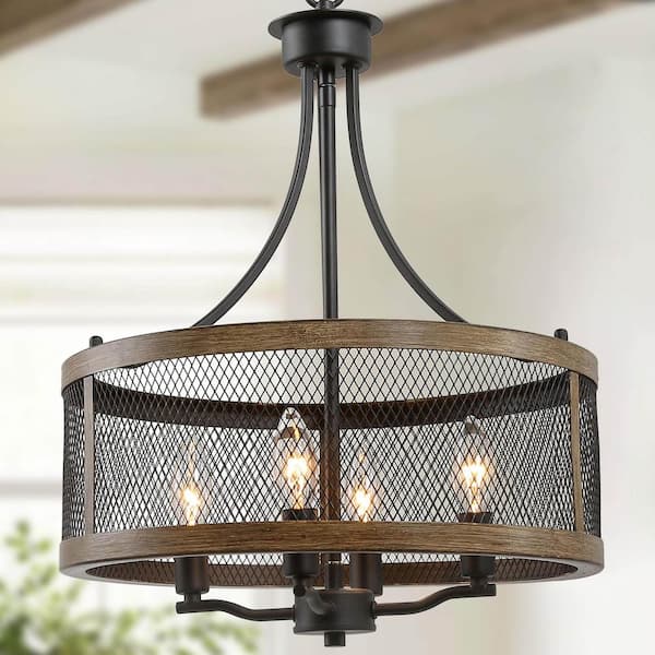 LALUZ Black Drum Chandelier 4-Light Candlestick Dark Brown Farmhouse Round Pendant with Open Cage Frame and Wood Accent