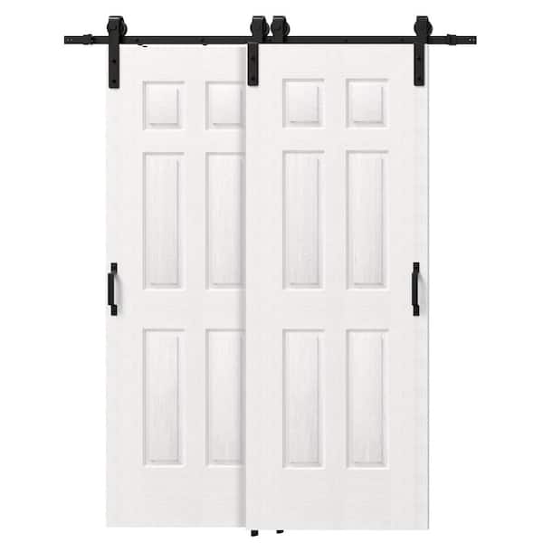 52 in x 84 in. (Double 30 in.) 6-Panel Hollow Core White Primed MDF Double Sliding Barn Door Slabs and Hardware Kit