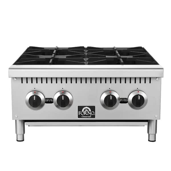 Commerciale 24 Inch Gas Hotplate with 4 Burners, 100,000 BTU, Stainless Steel & Cast Iron