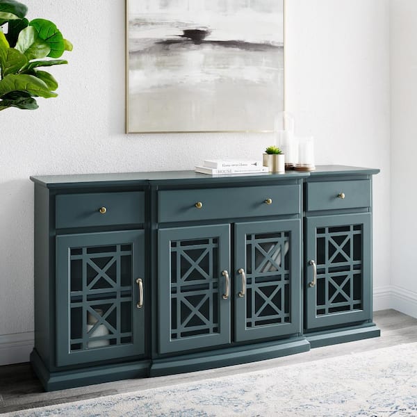 Landon Fretwork 60 in. Dark Teal 4-Door Sideboard with 3-Drawers