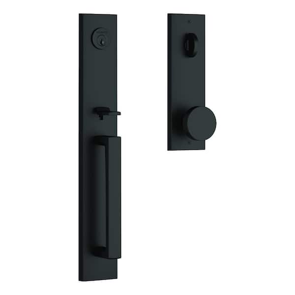 Baldwin Santa Cruze Egress Satin Black Single Cylinder Door Handleset with Square Contemporary Knob