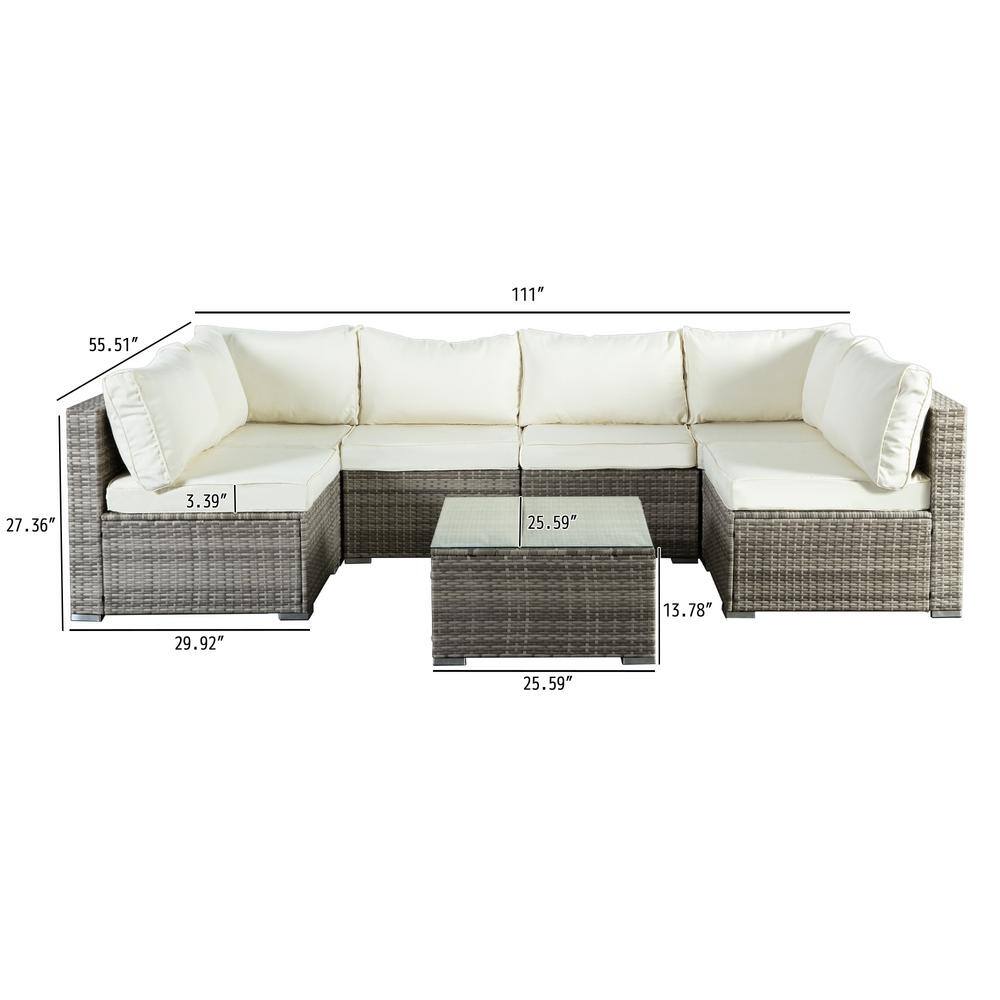 JUSKYS All-Weather 7-Piece Gray PE Wicker Patio Conversation Set with Off-White Cushions - 3