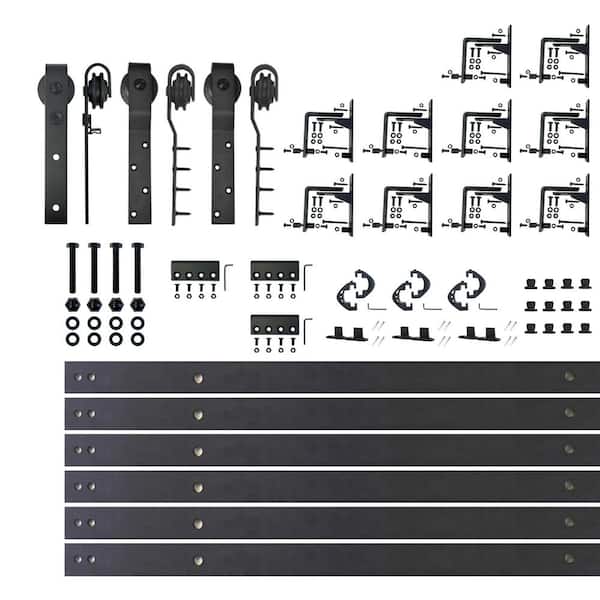 HOMACER 13 ft./156 in. Black Rustic Inverted Bent Triple Track Bypass Sliding Barn Door Track and Hardware Kit for Triple Doors