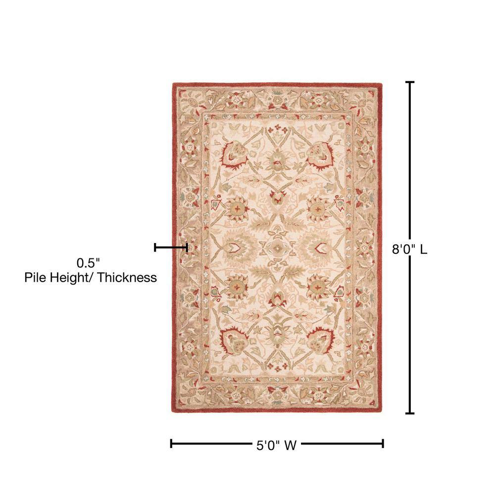 Handmade Beige and Rust Floral Wool Area Rug, 5' x 8'