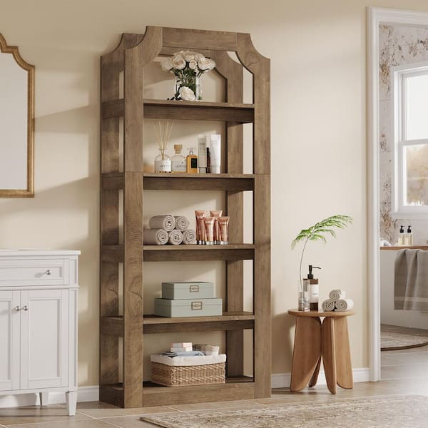 Farmhouse 71 in. Rustic Brown Wood 5-Shelf Bookcase for Stylish Storage and Display for Living Room, Office or Kitchen