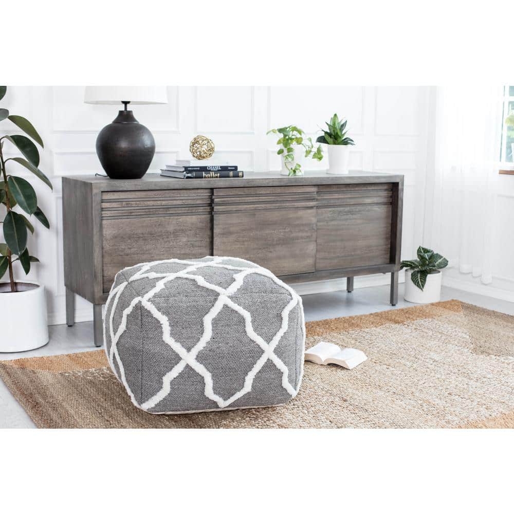 Gray and Ivory Tufted Jute and Polyester Pouf