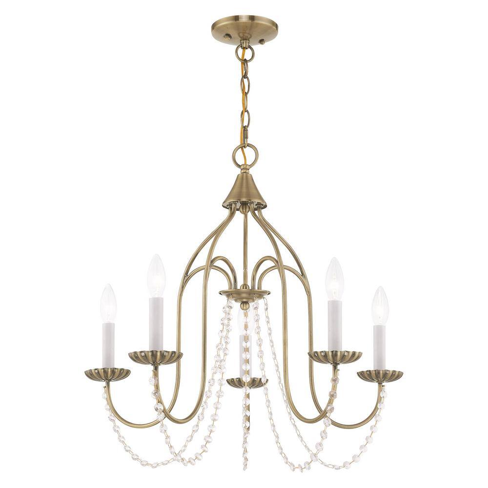Antique Brass Mini 5-Light Crystal Candle Chandelier