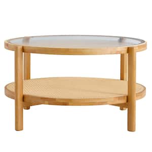 31.5 in. Natural Round Solid Wood Coffee Table with Glass Desktop and Rattan Woven Layer