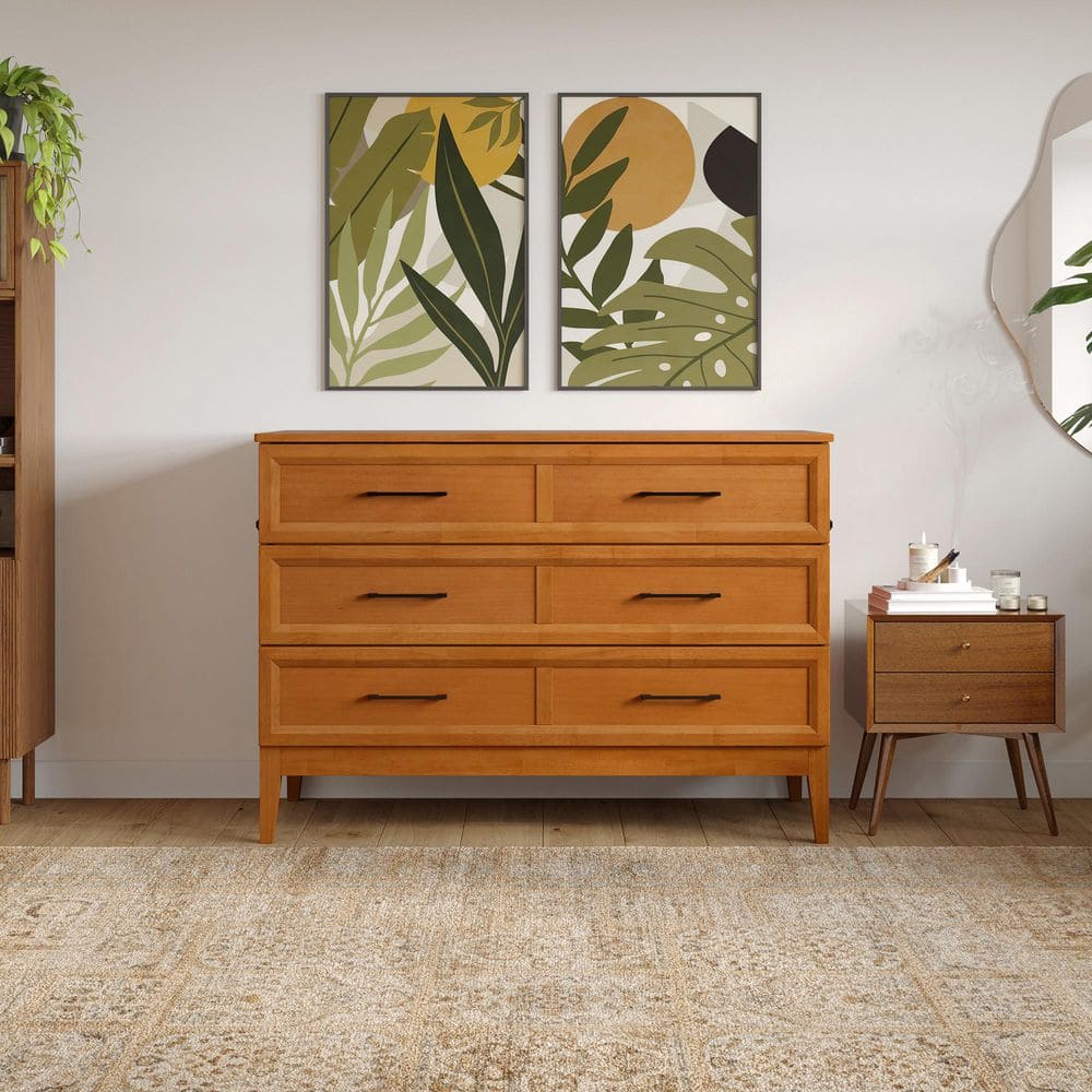 Light Toffee Full Wood Murphy Bed Chest with Mattress and USB Charger