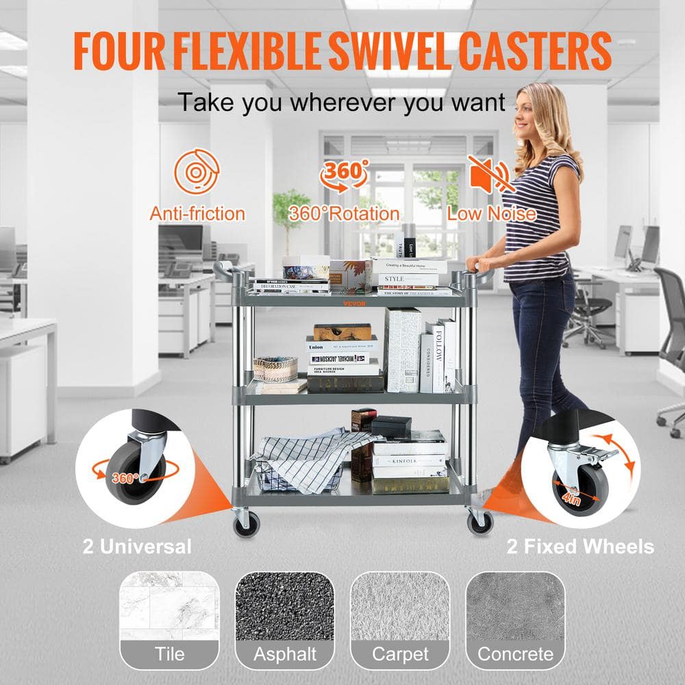Gray 3-Shelf Heavy Duty Rolling Utility Cart with Lockable Wheels