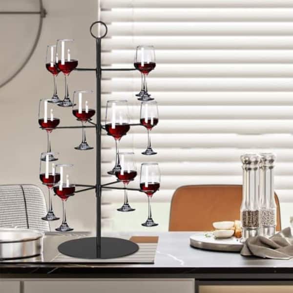 Black Freestanding Wine Glass Rack Metal 3 Tier 12 Holder Cocktail Tree Stand for Parties and Events 2 Pack