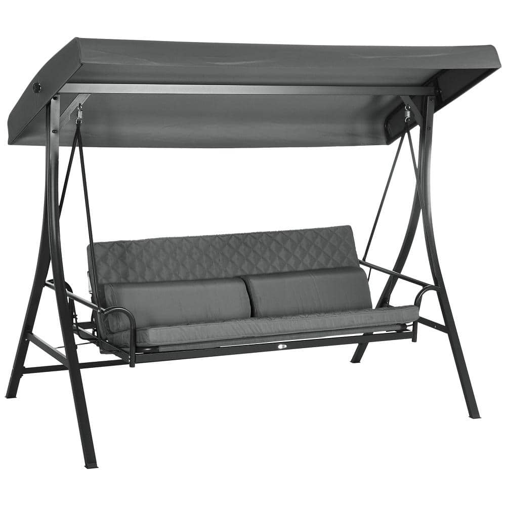 3-Person Black Metal Porch Swing with Adjustable Canopy, Removable Cushions