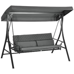 3-Person Black Metal Porch Swing with Adjustable Canopy, Removable Cushions, Pillows Patio Swing Chair Bed