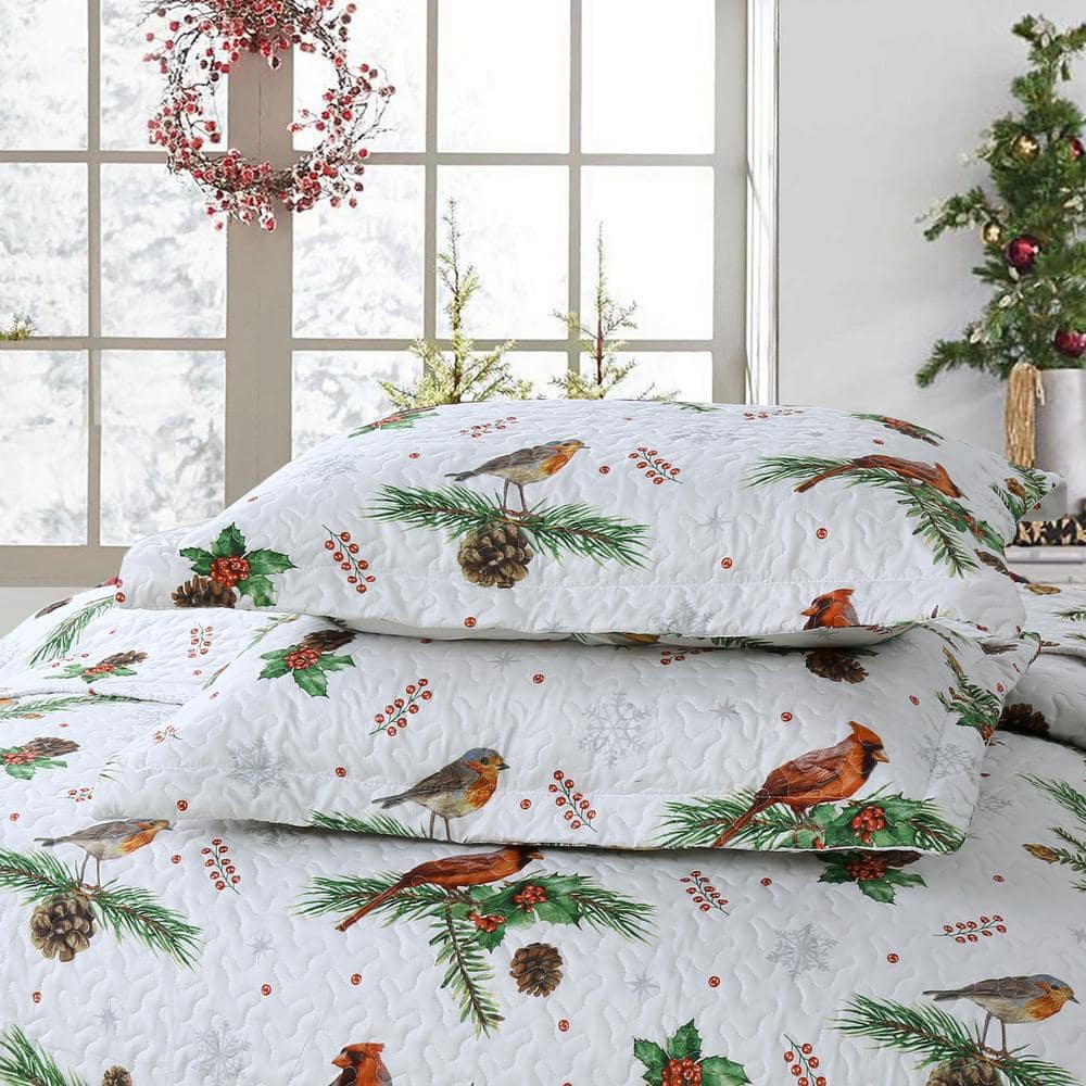 Queen White Christmas Cardinals Polyester Quilt Set