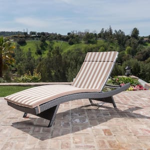 Miller Grey Armless Faux Rattan Outdoor Chaise Lounge with Brown/White Stripe Cushion