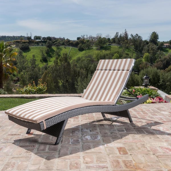 Noble House Miller Grey Armless Faux Rattan Outdoor Chaise Lounge with Brown/White Stripe Cushion