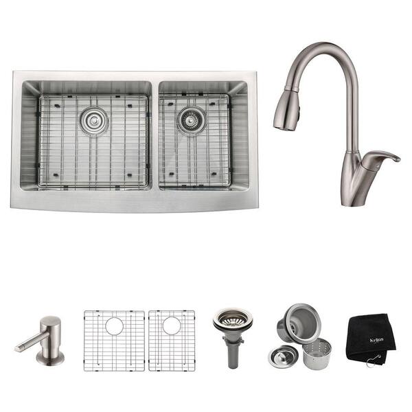 KRAUS All-in-One Farmhouse Apron Front Stainless Steel 36 in. Double Bowl Kitchen Sink with Faucet in Stainless Steel