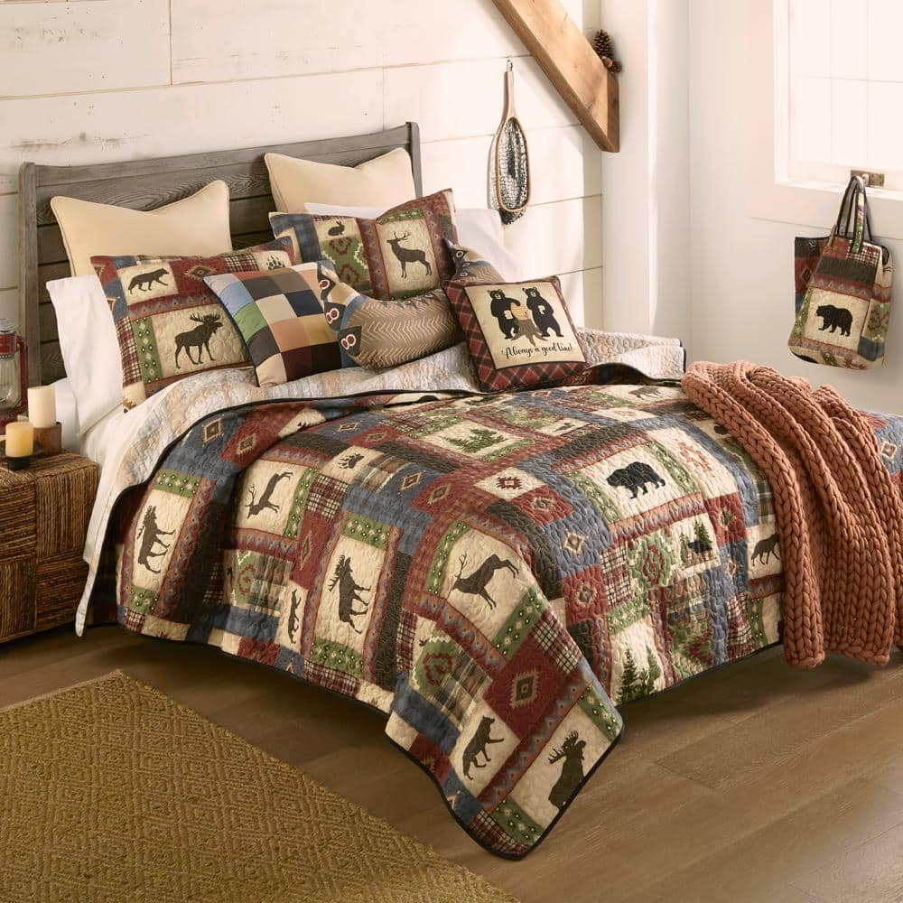 King Reversible Brown Microfiber Quilt Set with Wildlife Motifs