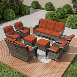 8-Piece Wicker Patio Conversation Set Yard Garden Porch with Orange Cushions