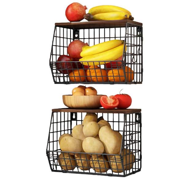 2 Piece Stackable Kitchen Storage Fruit Basket Set with Wood Lid, for Countertop Fruit Veggie Organization in Black