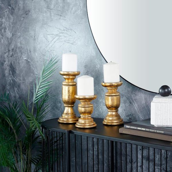 Gold Mango Wood Turned Style Pillar Candle Holder (Set of 3)